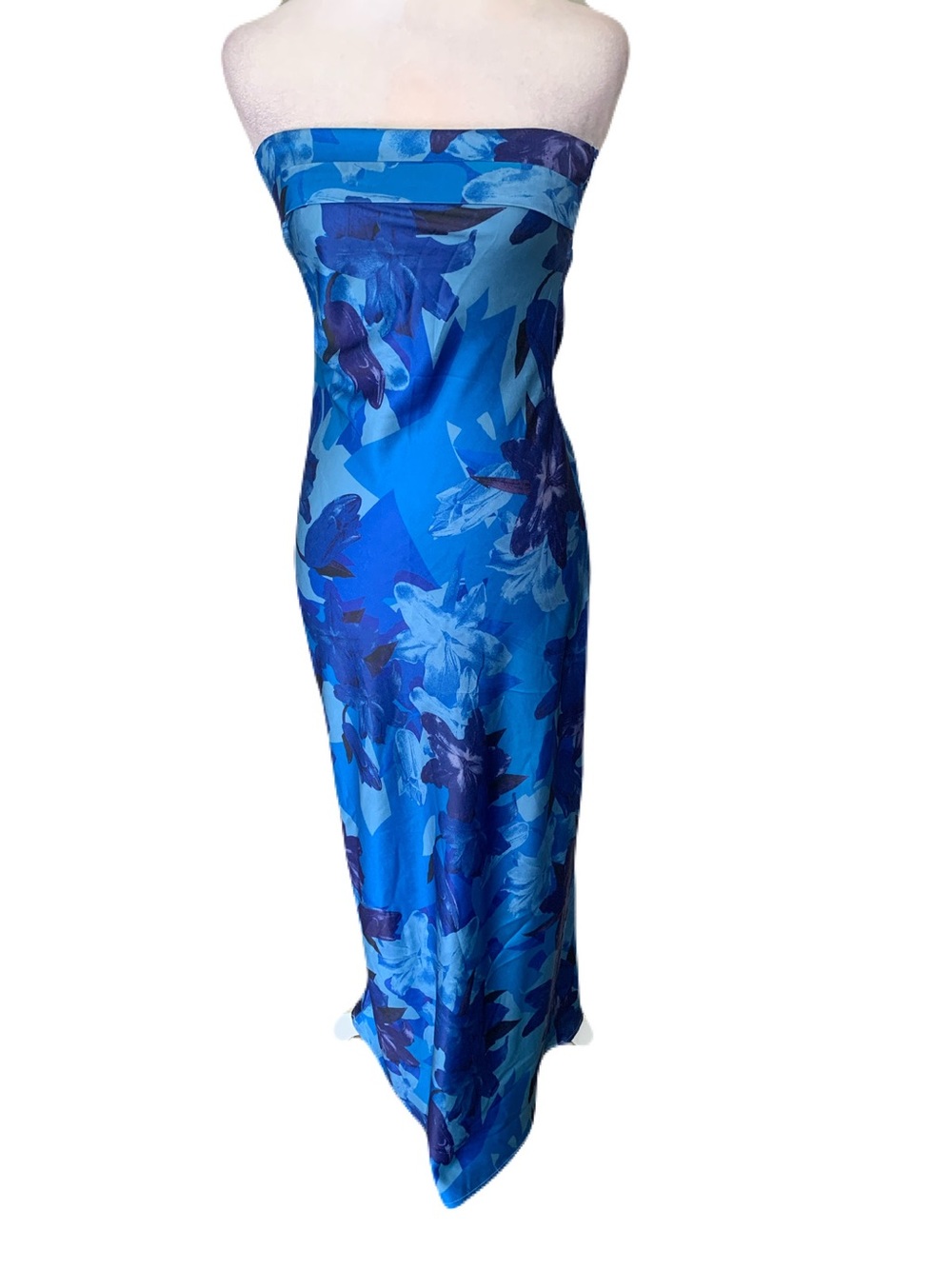 NWT Billy J Size 6 Multicolor Blue Abstract Floral Strapless Silky Maxi Dress